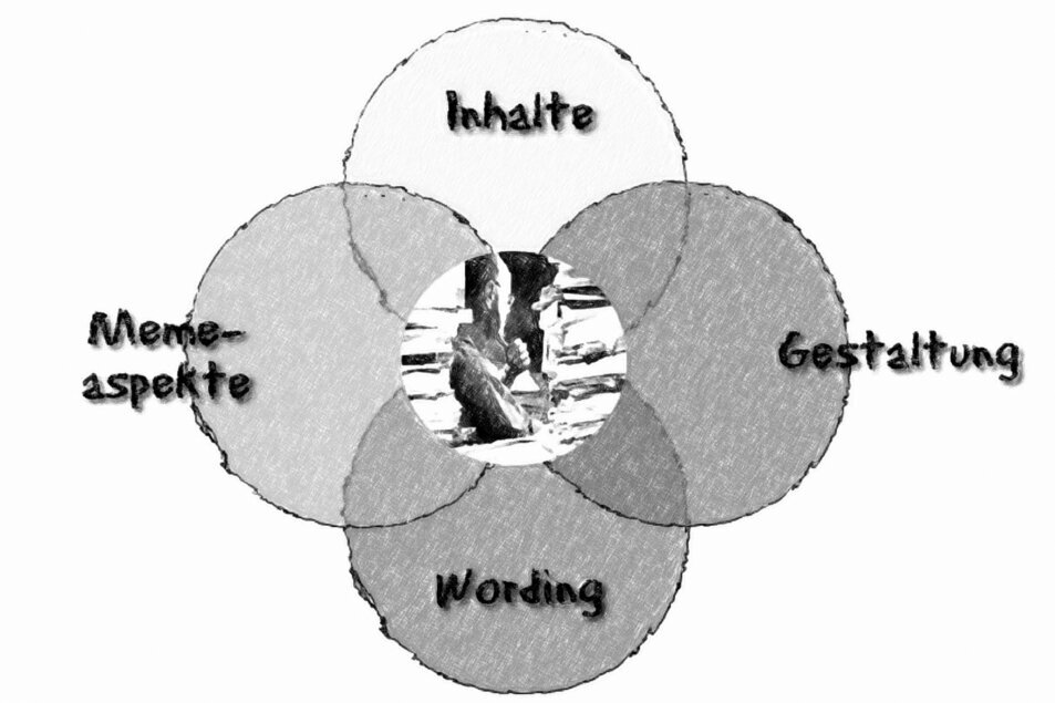 DokuReview Das Bild zeigt ein Venn-Diagramm mit vier Kreisen, die sich überschneiden - Inhalte, Gestaltung, Wording und Memeaspekte. ©memephoto