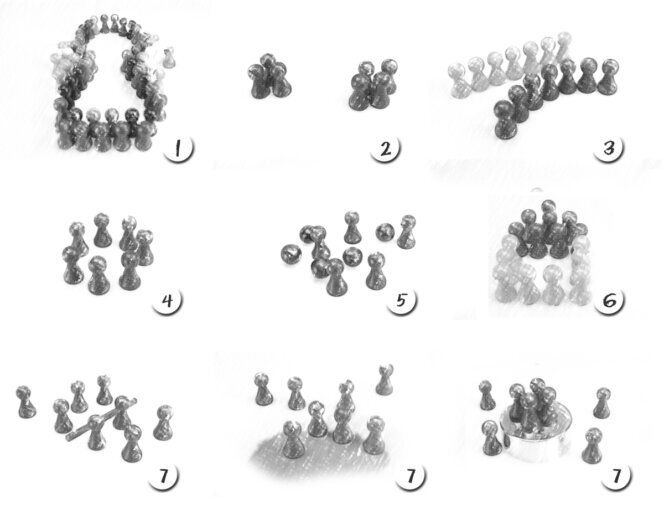 Gestalttheorie Die Grafik beschreibt sieben Gesetze der Gestalttheorie mithilfe von Spielsteinen: Gesetz von Figur-Grund, Gesetz der Nähe, Gesetz der guten Fortsetzung, Gesetz der Geschlossenheit, Gesetz der Ähnlichkeit, Gesetz der gemeinsamen Bewegung, Gesetz der persönlichen Erfahrung, Gesetz der gemeinsamen Region.<br />©memephoto