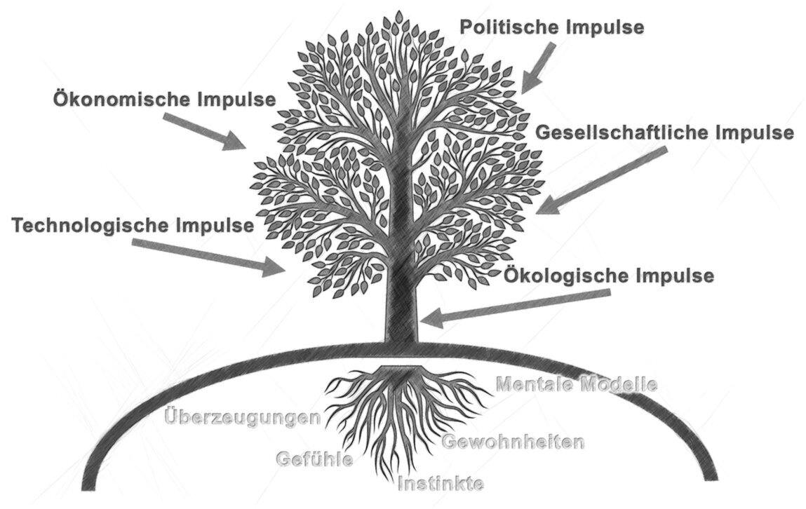 Die Grafik einen Baum. Über der Erde findet sich der Baum mit seiner Krone und den möglichen externen Impulsen: technologisch, ökonomisch, politisch, gesellschaftlich und ökologisch. Unter der Erde ist die Wurzel dargestellt mit den Impulsfeldern: Mentale Modelle, Überzeugungen, Gewohnheiten, Gefühle und Instinkte.<br />©memephoto