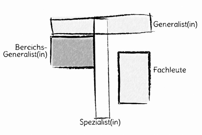Die Grafik besteht aus zwei länglichen Rechtecken, die ein T bilden. Der obere Querbalken symbolisiert Generalisten; der senkrechte Balken versinnbildlicht Spezialisten im oberen Teil Bereichs-Generalisten und im unteren die Fachleute.<br />©memephoto