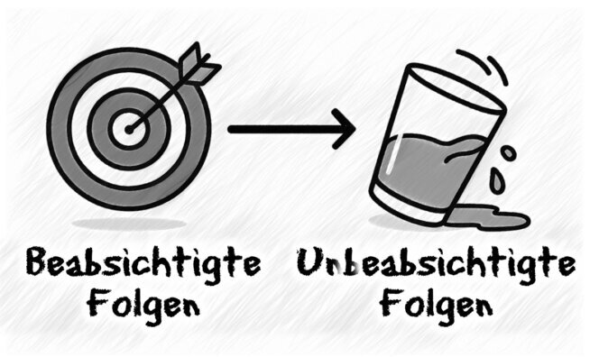 Die Grafik zeigt links eine Zielscheibe für beabsichtigte Folgen und rechts ein umfallendes Wasserglas, das überläuft, für unbeabsichtigte Folgen.<br />©memephoto