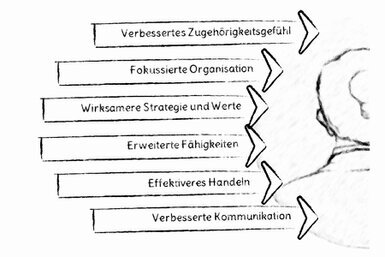 Sechs Pfeile zeigen von links auf eine Person mit den Softbenefits: verbessertes Zugehörigkeitsgefühl, fokussierte Organisation, wirksamere Strategie und Werte, erweiterte Fähigkeiten, effektiveres Handeln, verbesserte Kommunikation.<br>©memephoto